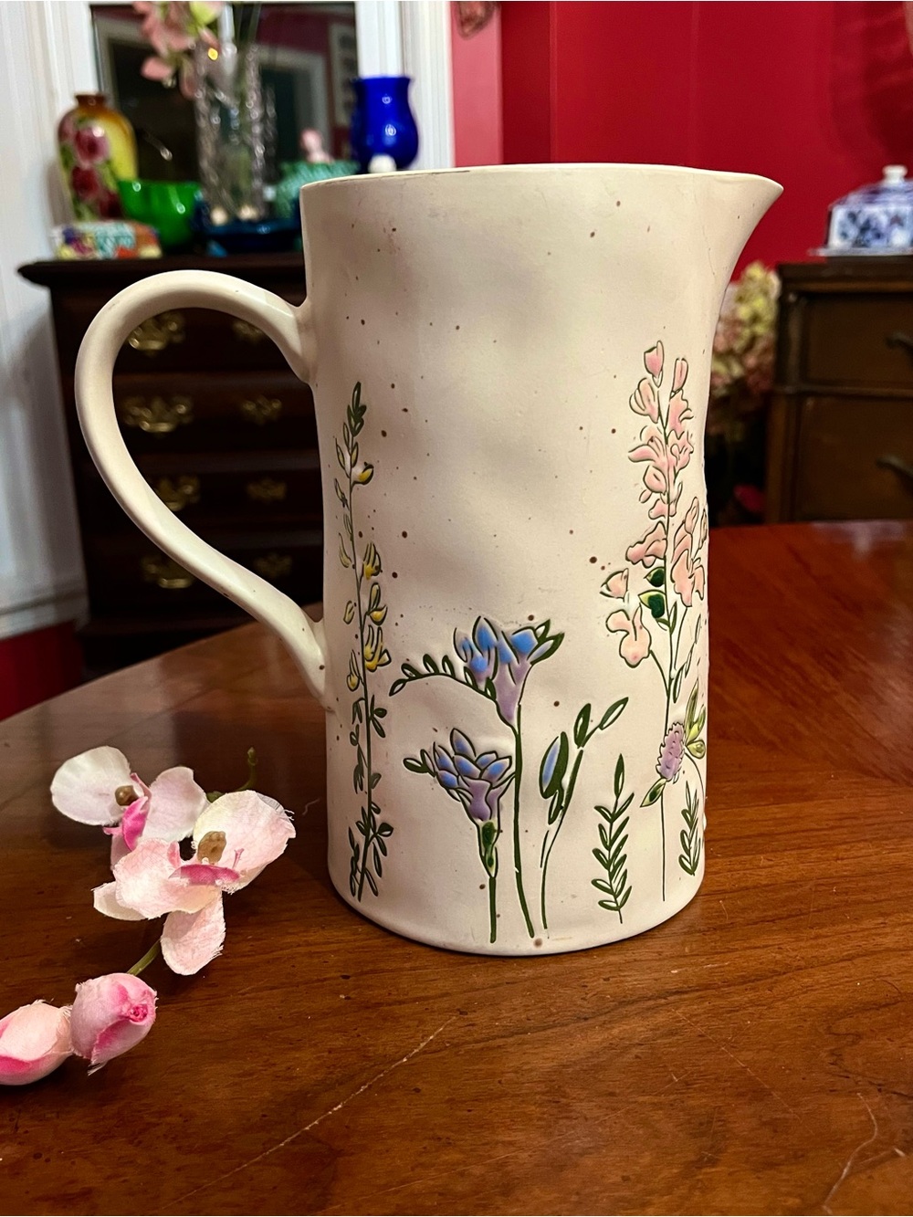 VTG In Homestylez "Spring Pressed Garden" Ceramic Pitcher  8" Excellent
